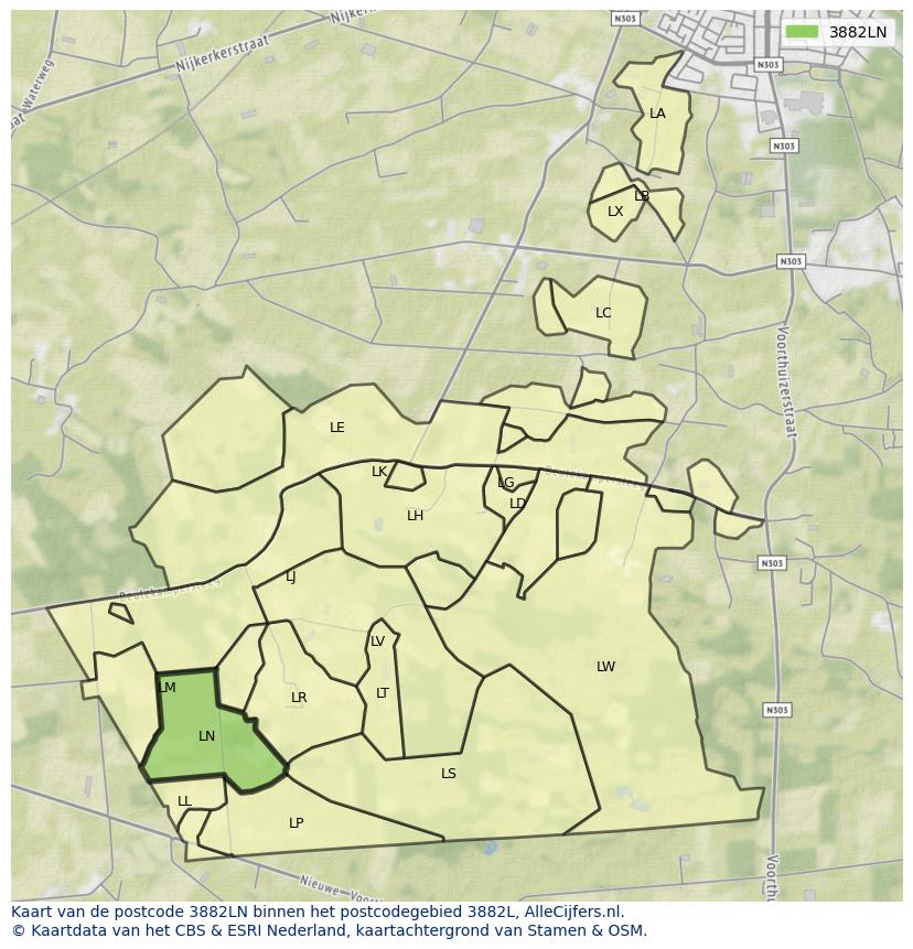 Afbeelding van het postcodegebied 3882 LN op de kaart.