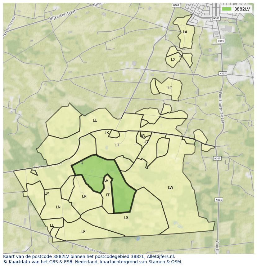 Afbeelding van het postcodegebied 3882 LV op de kaart.