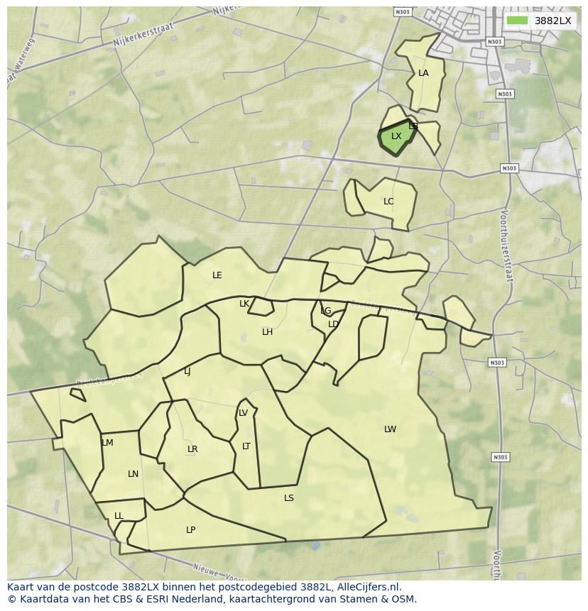 Afbeelding van het postcodegebied 3882 LX op de kaart.