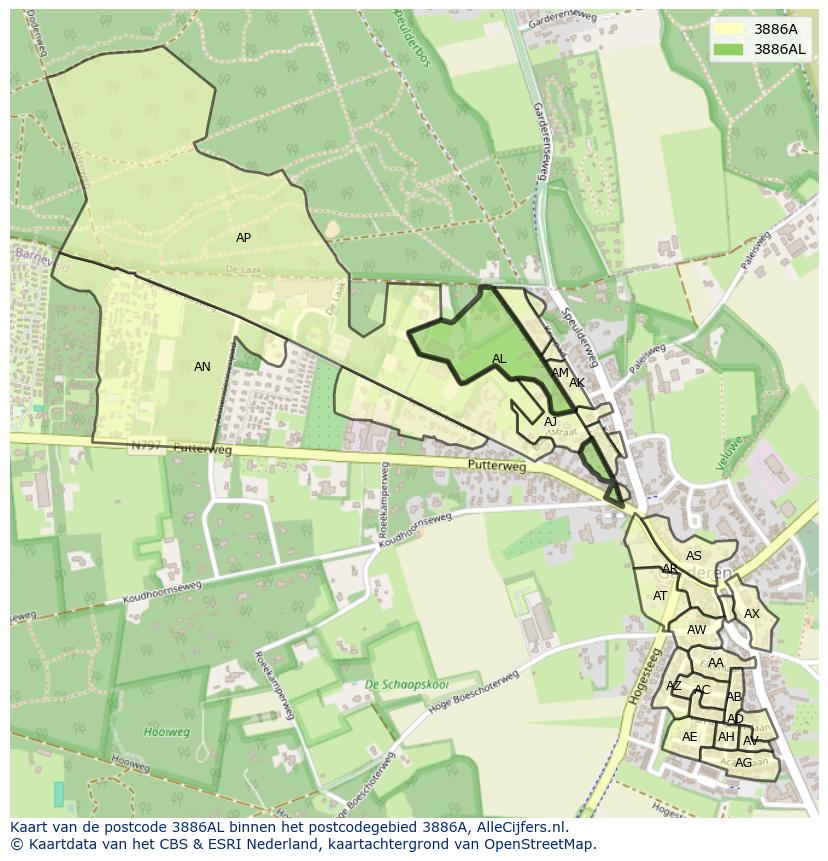 Afbeelding van het postcodegebied 3886 AL op de kaart.