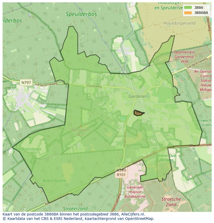 Afbeelding van het postcodegebied 3886 BA op de kaart.
