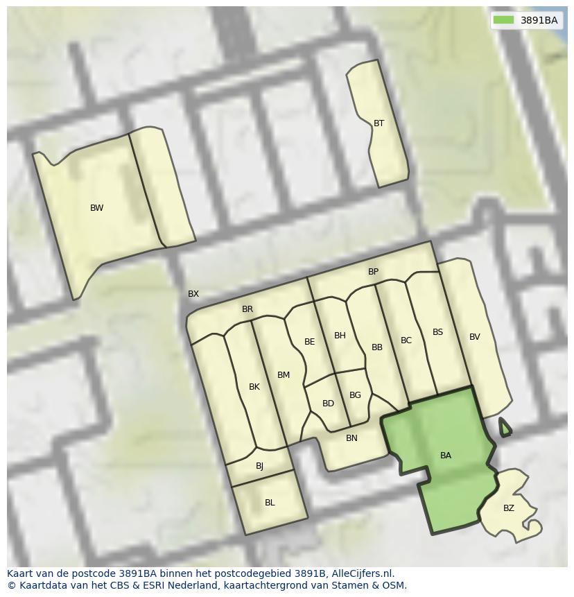 Afbeelding van het postcodegebied 3891 BA op de kaart.