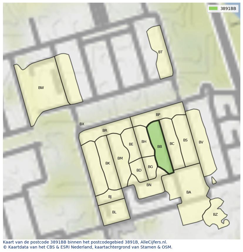 Afbeelding van het postcodegebied 3891 BB op de kaart.