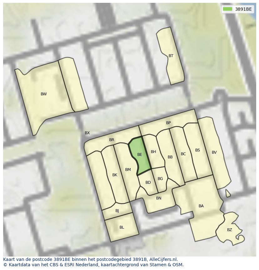 Afbeelding van het postcodegebied 3891 BE op de kaart.