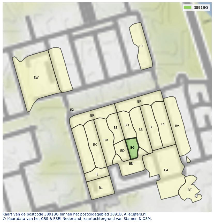 Afbeelding van het postcodegebied 3891 BG op de kaart.