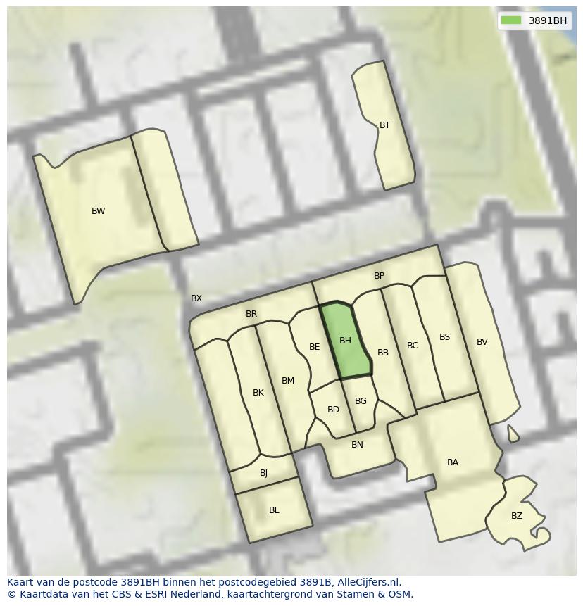 Afbeelding van het postcodegebied 3891 BH op de kaart.