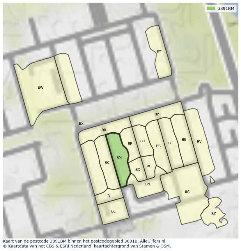 Afbeelding van het postcodegebied 3891 BM op de kaart.