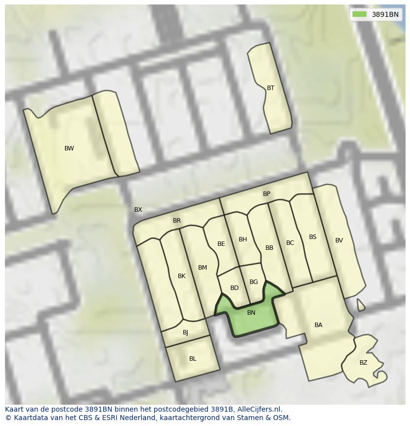 Afbeelding van het postcodegebied 3891 BN op de kaart.