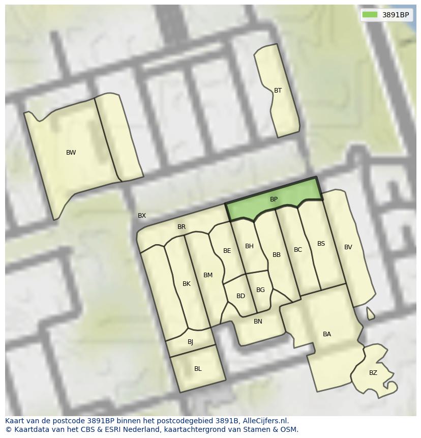 Afbeelding van het postcodegebied 3891 BP op de kaart.