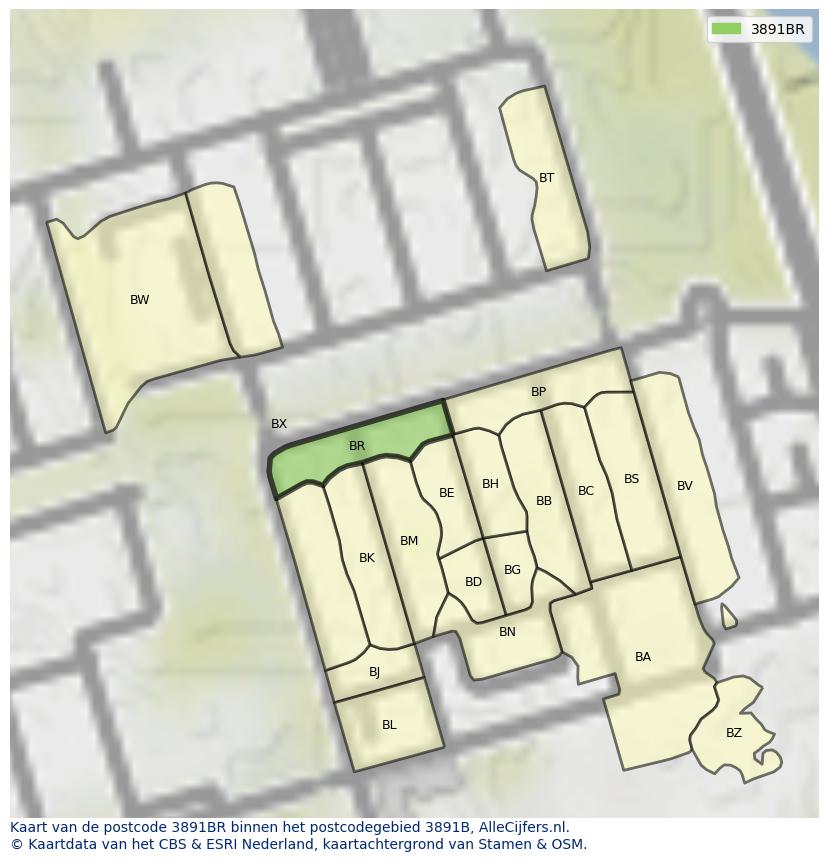 Afbeelding van het postcodegebied 3891 BR op de kaart.
