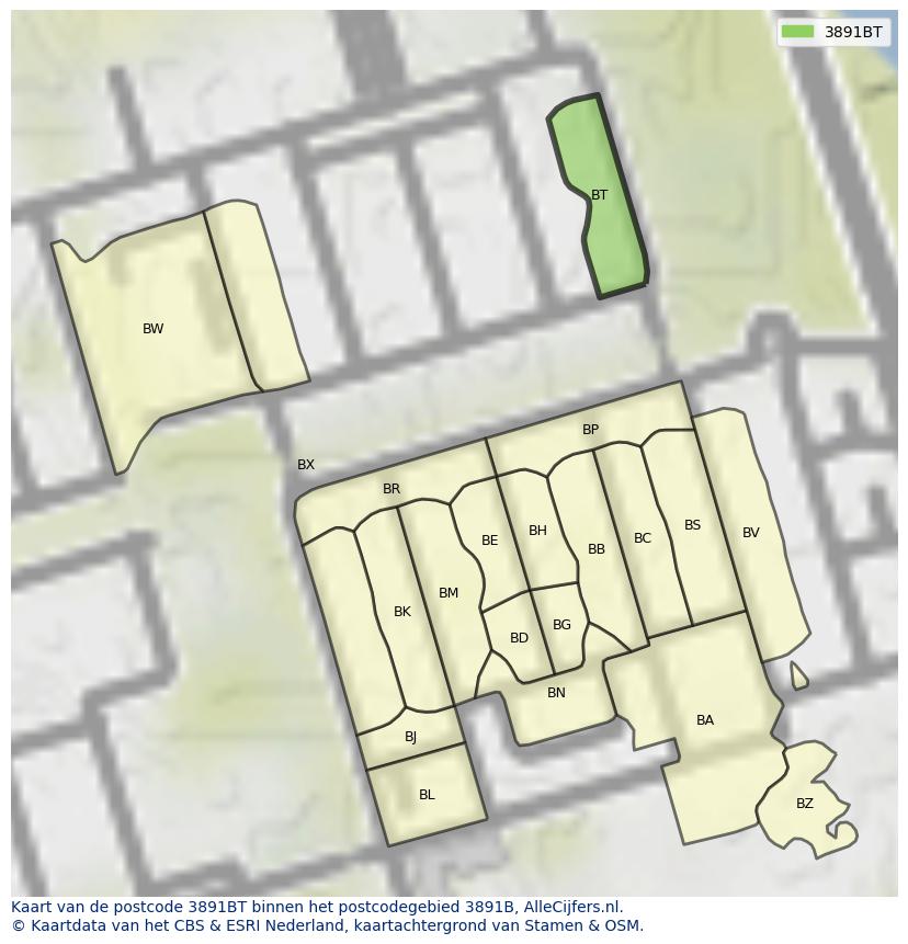Afbeelding van het postcodegebied 3891 BT op de kaart.