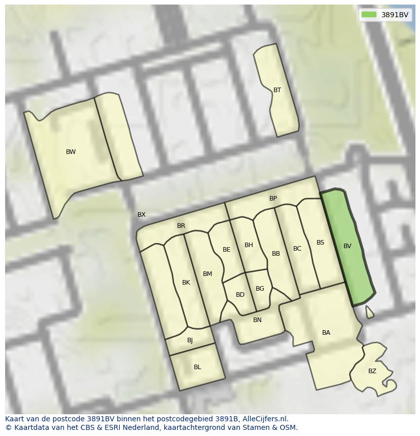 Afbeelding van het postcodegebied 3891 BV op de kaart.