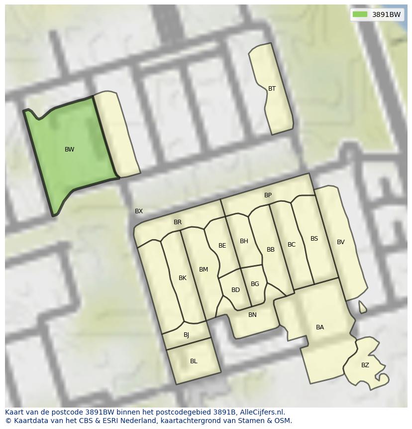 Afbeelding van het postcodegebied 3891 BW op de kaart.