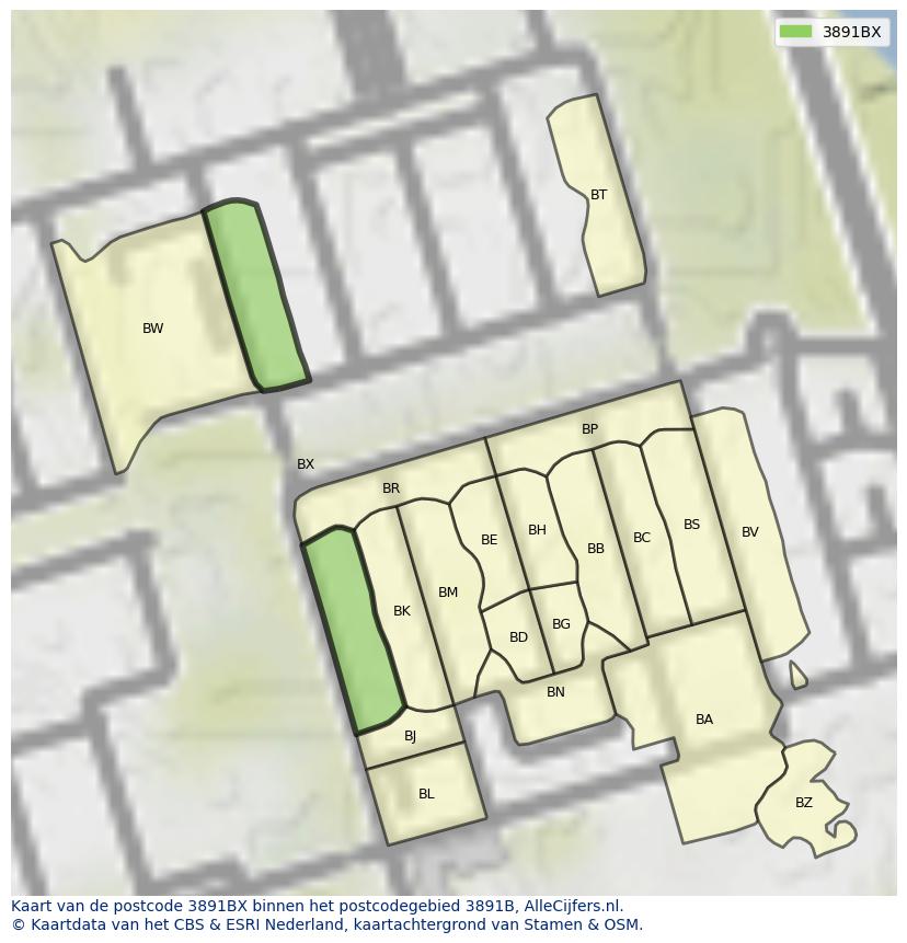Afbeelding van het postcodegebied 3891 BX op de kaart.