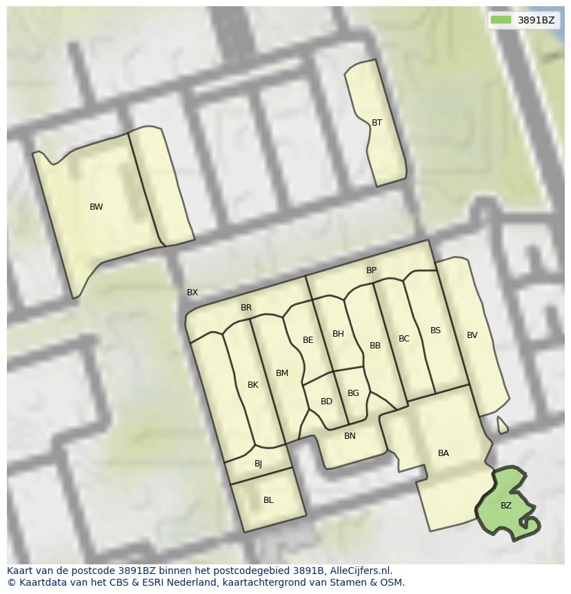 Afbeelding van het postcodegebied 3891 BZ op de kaart.