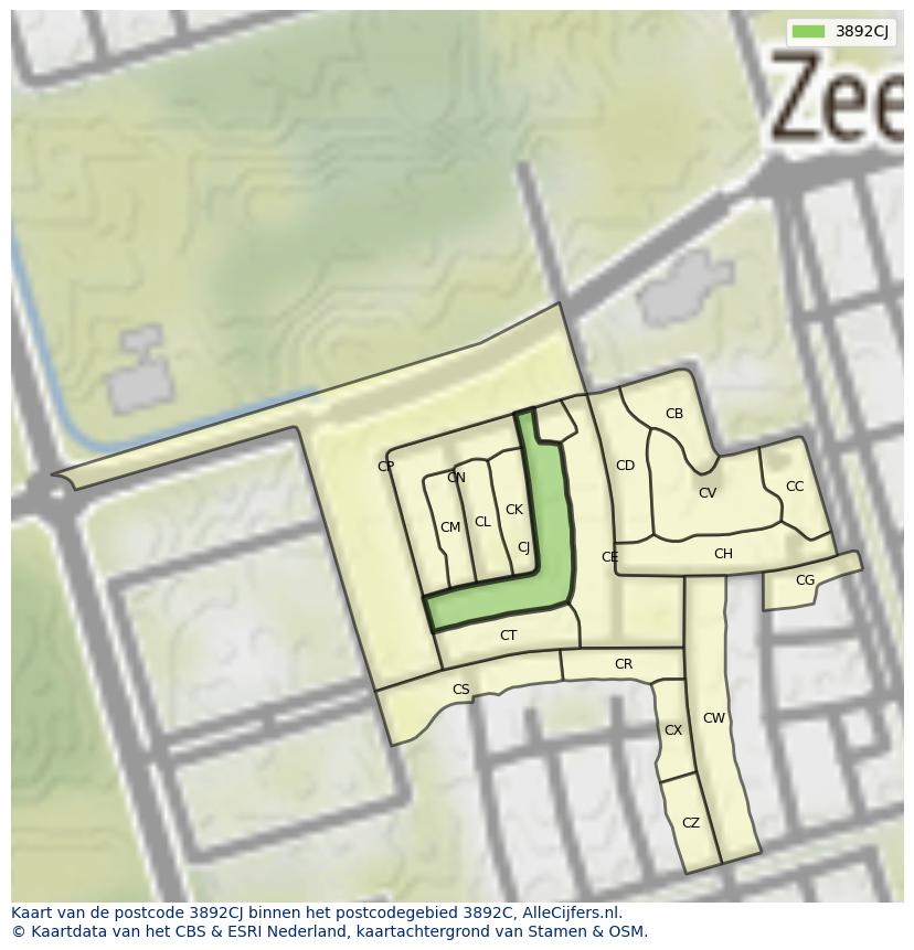 Afbeelding van het postcodegebied 3892 CJ op de kaart.
