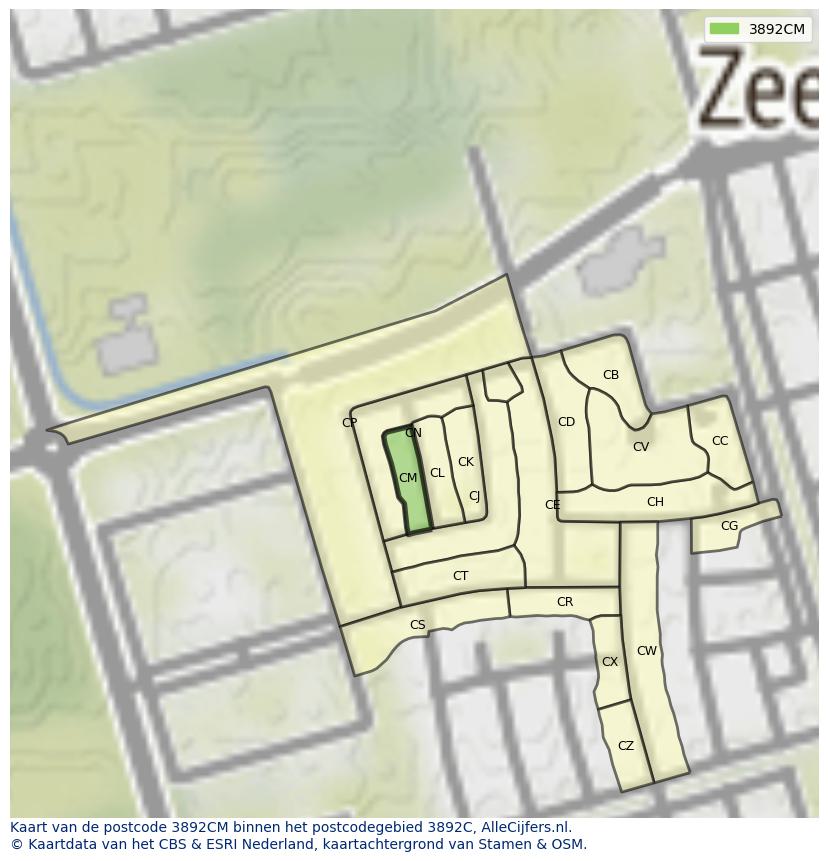 Afbeelding van het postcodegebied 3892 CM op de kaart.