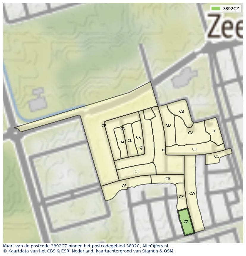 Afbeelding van het postcodegebied 3892 CZ op de kaart.
