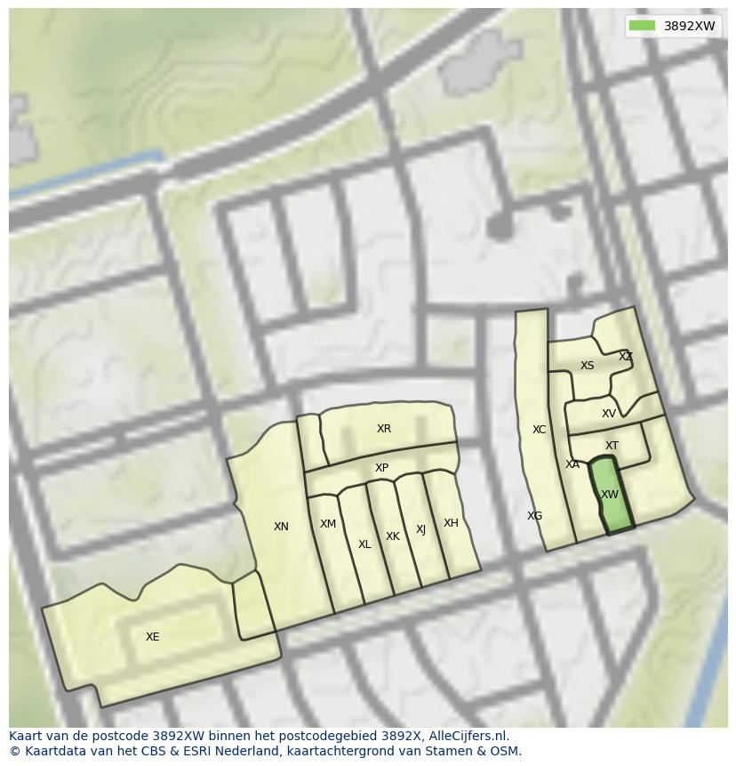Afbeelding van het postcodegebied 3892 XW op de kaart.