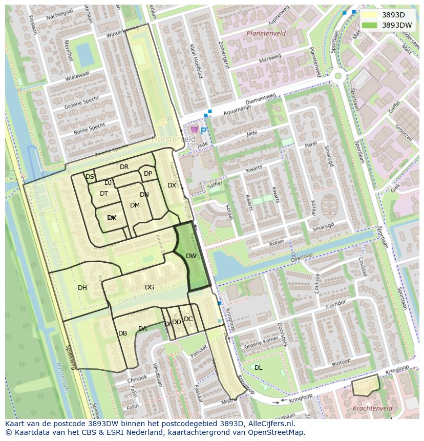 Afbeelding van het postcodegebied 3893 DW op de kaart.