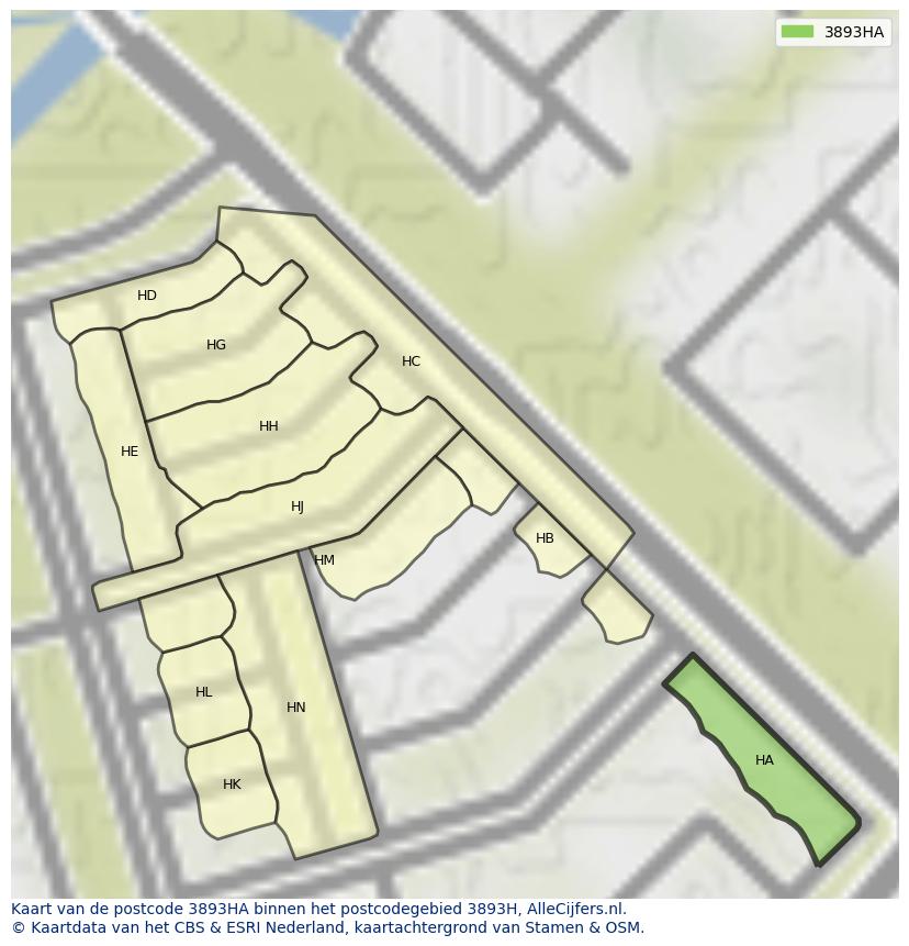 Afbeelding van het postcodegebied 3893 HA op de kaart.