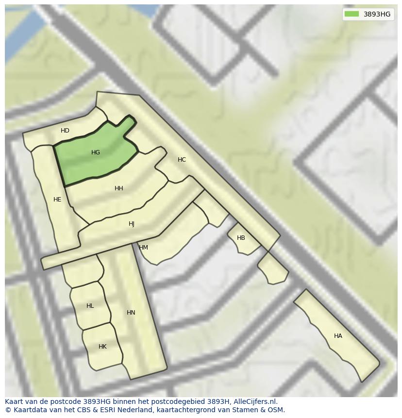Afbeelding van het postcodegebied 3893 HG op de kaart.