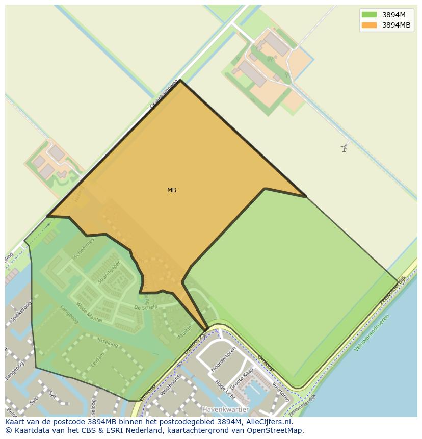 Afbeelding van het postcodegebied 3894 MB op de kaart.