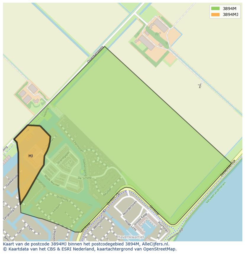 Afbeelding van het postcodegebied 3894 MJ op de kaart.