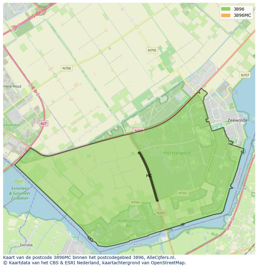 Afbeelding van het postcodegebied 3896 MC op de kaart.