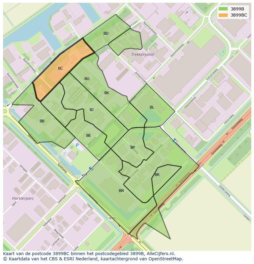 Afbeelding van het postcodegebied 3899 BC op de kaart.