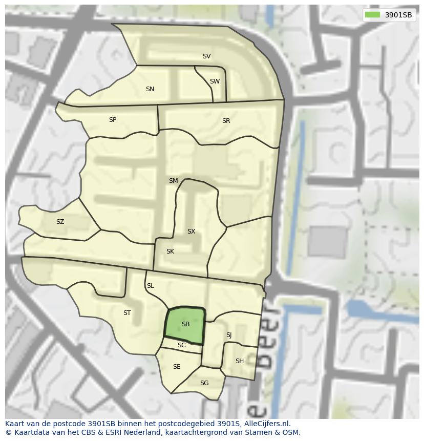 Afbeelding van het postcodegebied 3901 SB op de kaart.