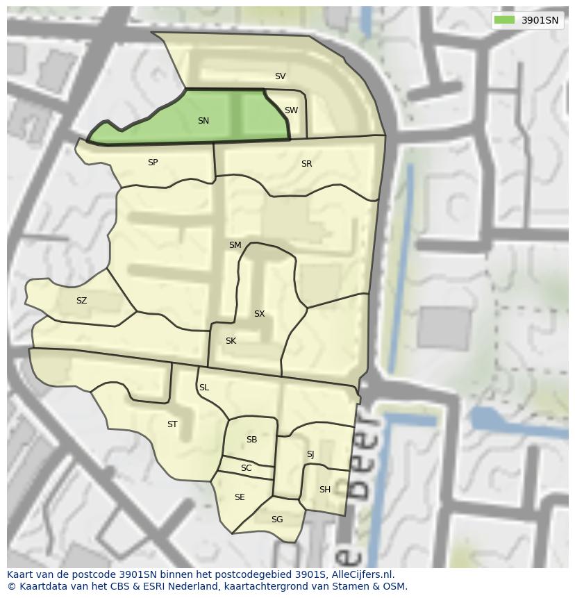 Afbeelding van het postcodegebied 3901 SN op de kaart.