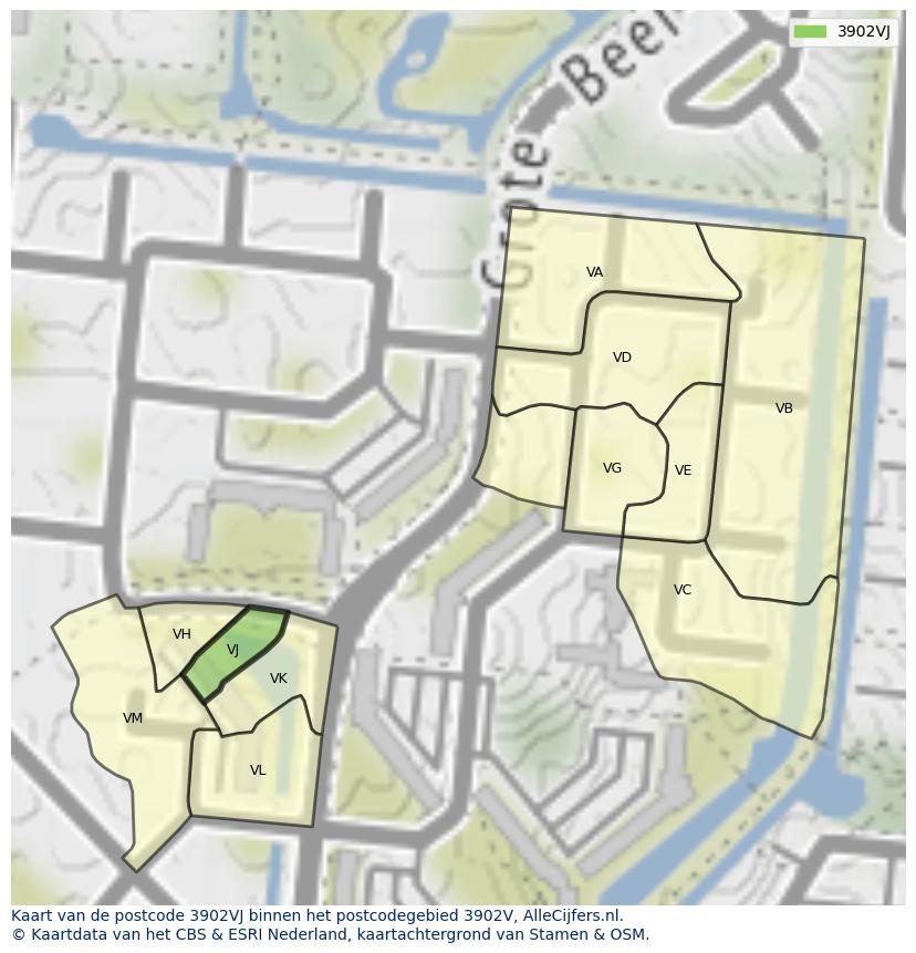Afbeelding van het postcodegebied 3902 VJ op de kaart.