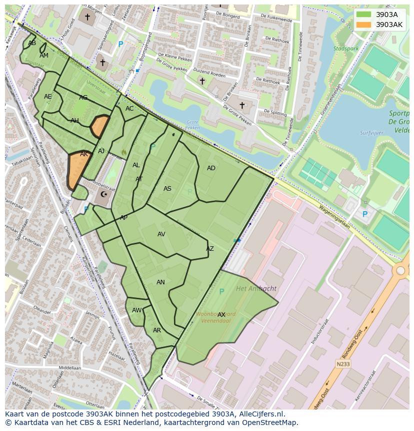 Afbeelding van het postcodegebied 3903 AK op de kaart.