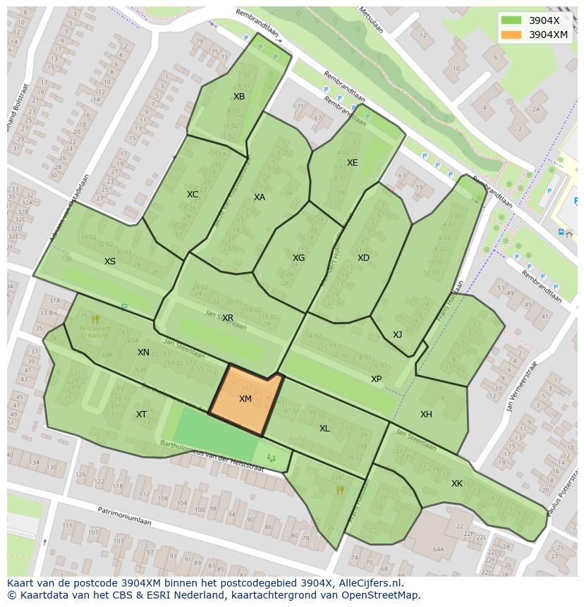 Afbeelding van het postcodegebied 3904 XM op de kaart.