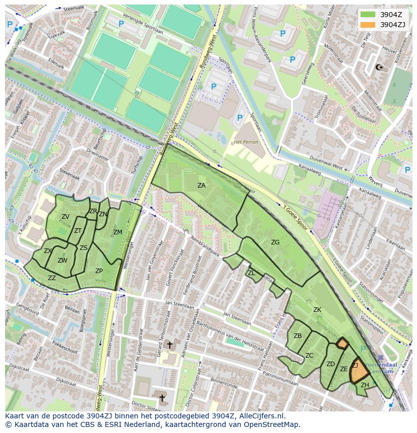 Afbeelding van het postcodegebied 3904 ZJ op de kaart.
