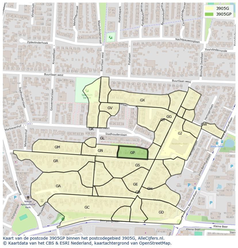 Afbeelding van het postcodegebied 3905 GP op de kaart.