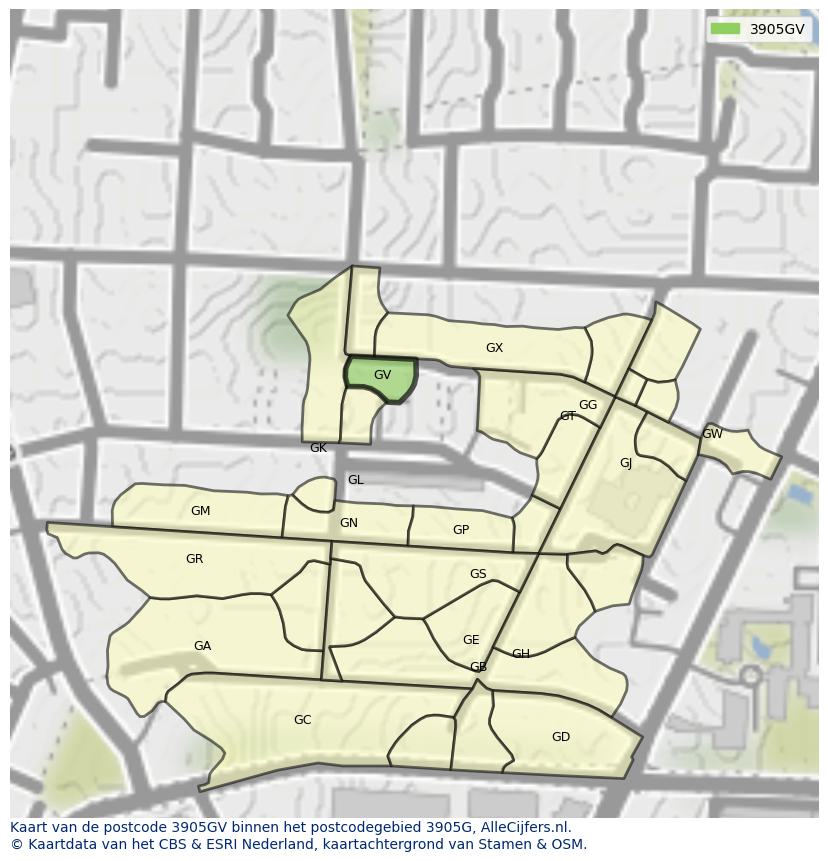 Afbeelding van het postcodegebied 3905 GV op de kaart.