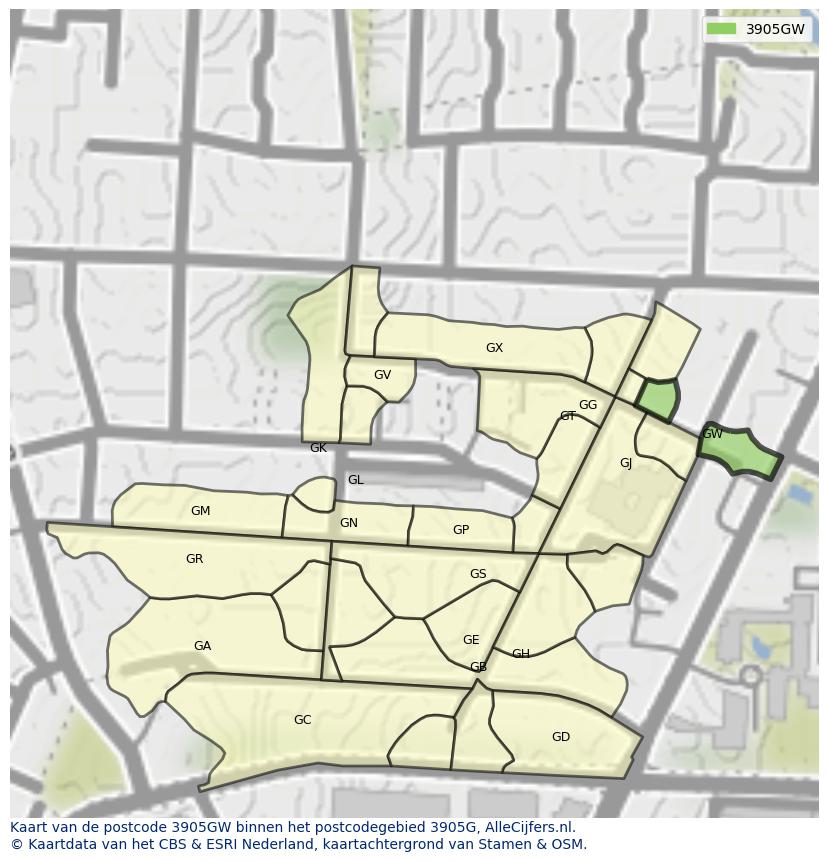 Afbeelding van het postcodegebied 3905 GW op de kaart.