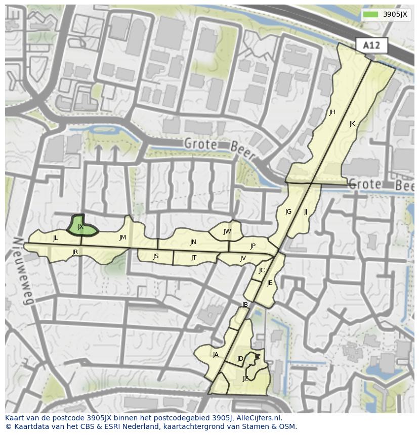 Afbeelding van het postcodegebied 3905 JX op de kaart.