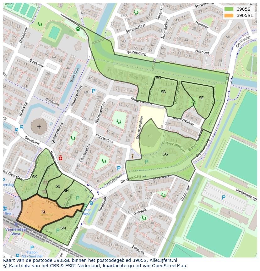 Afbeelding van het postcodegebied 3905 SL op de kaart.