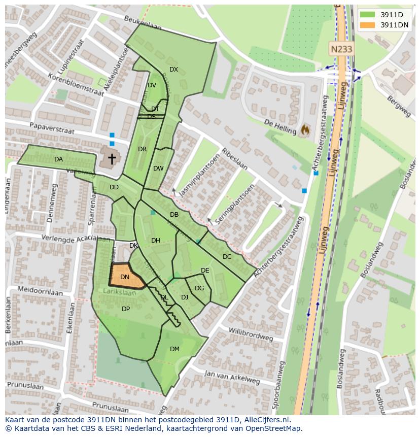 Afbeelding van het postcodegebied 3911 DN op de kaart.