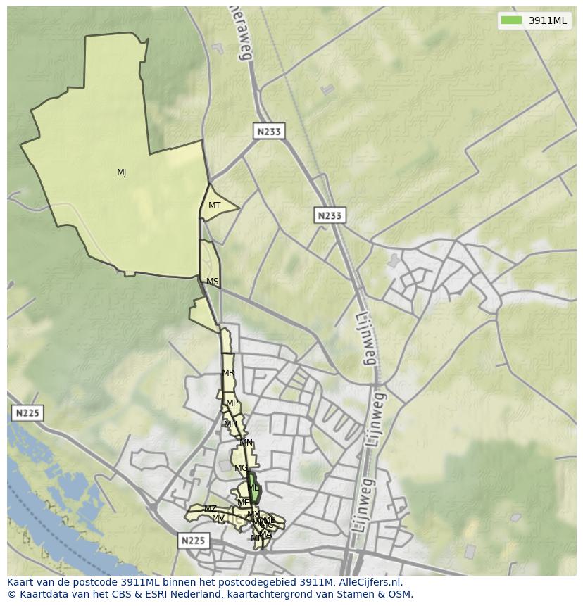 Afbeelding van het postcodegebied 3911 ML op de kaart.