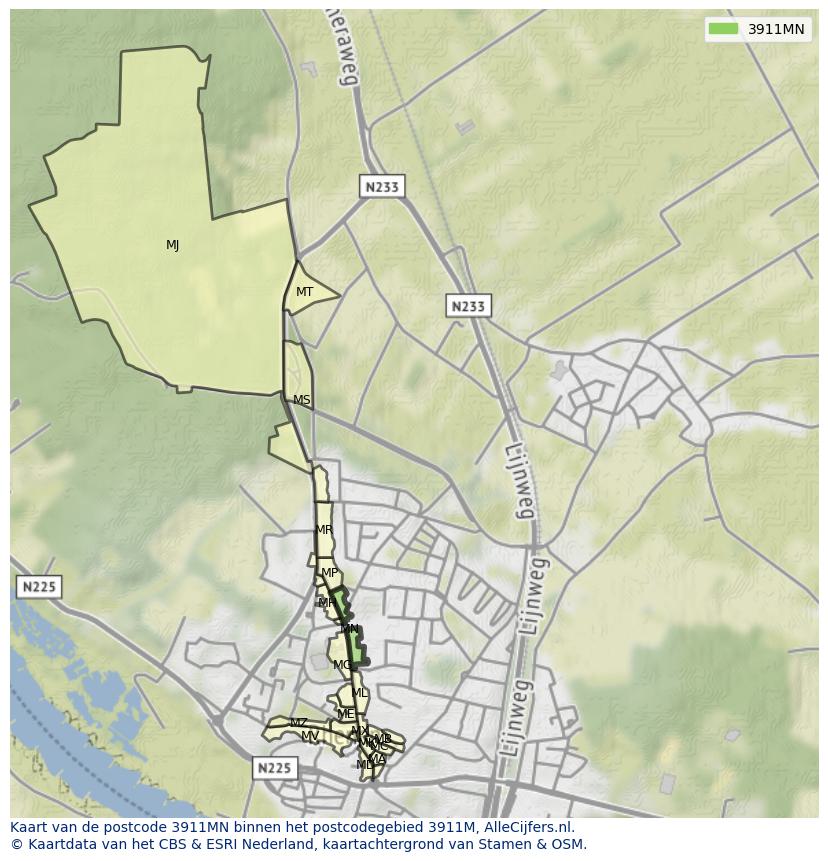 Afbeelding van het postcodegebied 3911 MN op de kaart.