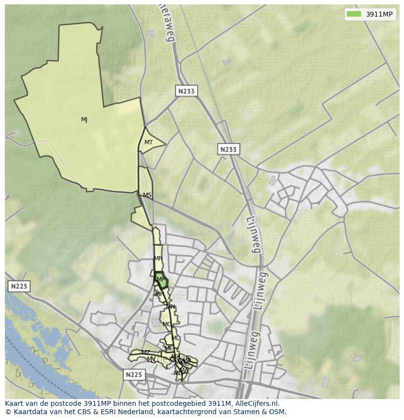 Afbeelding van het postcodegebied 3911 MP op de kaart.