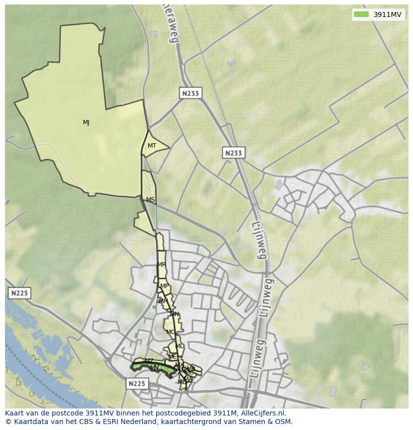 Afbeelding van het postcodegebied 3911 MV op de kaart.