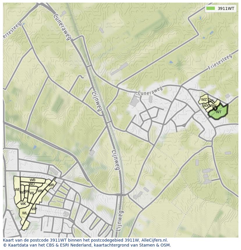 Afbeelding van het postcodegebied 3911 WT op de kaart.