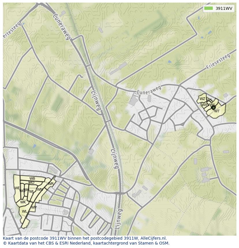 Afbeelding van het postcodegebied 3911 WV op de kaart.