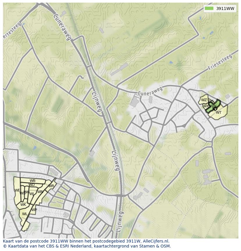 Afbeelding van het postcodegebied 3911 WW op de kaart.