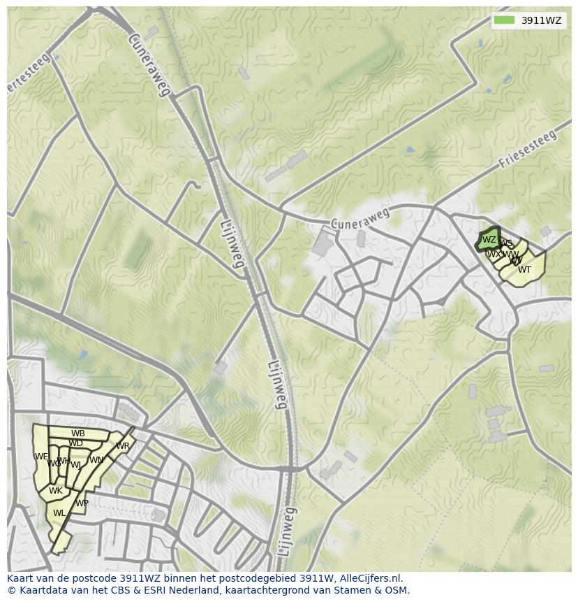 Afbeelding van het postcodegebied 3911 WZ op de kaart.